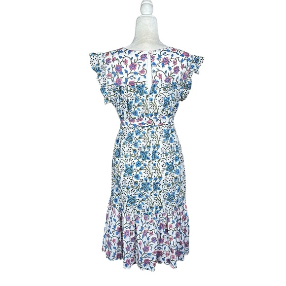 VINTAGE Smocked Floral Tapestry Ruffled Boho Midi Waist Tie Dress - Picture 3 of 11